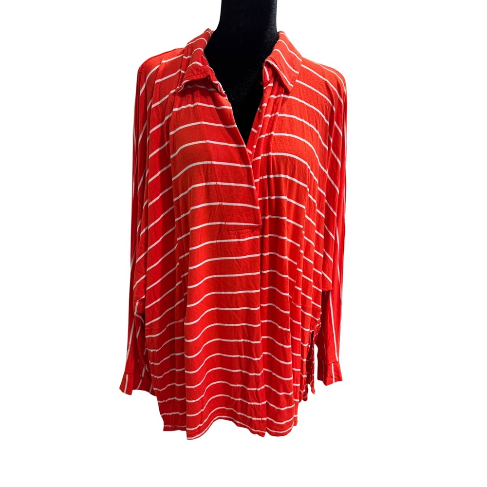 We The Free Free People Orange / Red White Striped Oversized V-Neck Top Large